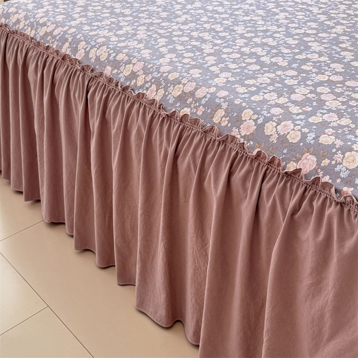 91家纺网 家纺一手货源 找家纺 梦舒羽 2025新款水洗珍珠棉单件床裙双层纱床垫保护罩三件套 云裳花谷