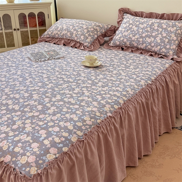 91家纺网 家纺一手货源 找家纺 梦舒羽 2025新款水洗珍珠棉单件床裙双层纱床垫保护罩三件套 云裳花谷