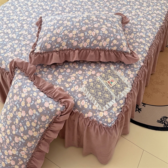 91家纺网 家纺一手货源 找家纺 梦舒羽 2025新款水洗珍珠棉单件床裙双层纱床垫保护罩三件套 云裳花谷