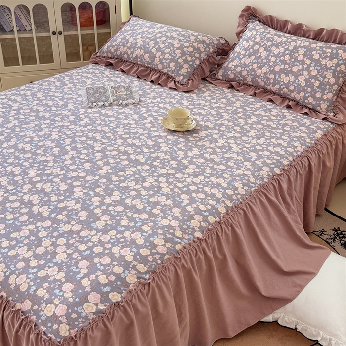 91家纺网 家纺一手货源 找家纺 梦舒羽 2025新款水洗珍珠棉单件床裙双层纱床垫保护罩三件套 云裳花谷