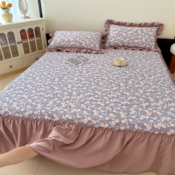 91家纺网 家纺一手货源 找家纺 梦舒羽 2025新款水洗珍珠棉单件床裙双层纱床垫保护罩三件套 云裳花谷