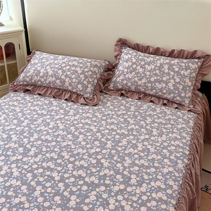 91家纺网 家纺一手货源 找家纺 梦舒羽 2025新款水洗珍珠棉单件床裙双层纱床垫保护罩三件套 云裳花谷