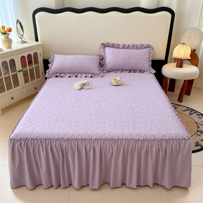 91家纺网 家纺一手货源 找家纺 梦舒羽 2025新款水洗珍珠棉单件床裙双层纱床垫保护罩三件套 紫倾心