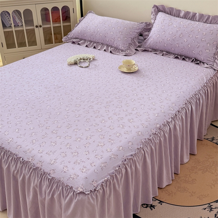 91家纺网 家纺一手货源 找家纺 梦舒羽 2025新款水洗珍珠棉单件床裙双层纱床垫保护罩三件套 紫倾心
