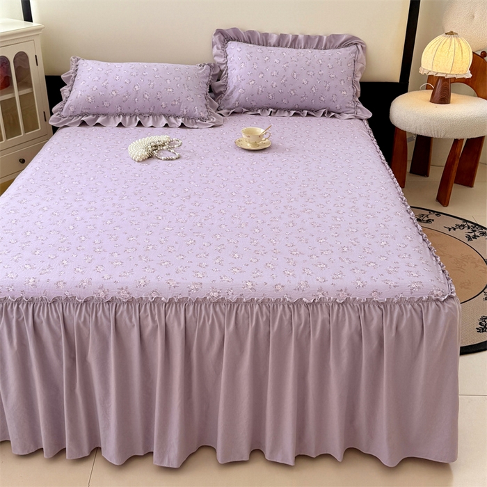 91家纺网 家纺一手货源 找家纺 梦舒羽 2025新款水洗珍珠棉单件床裙双层纱床垫保护罩三件套 紫倾心