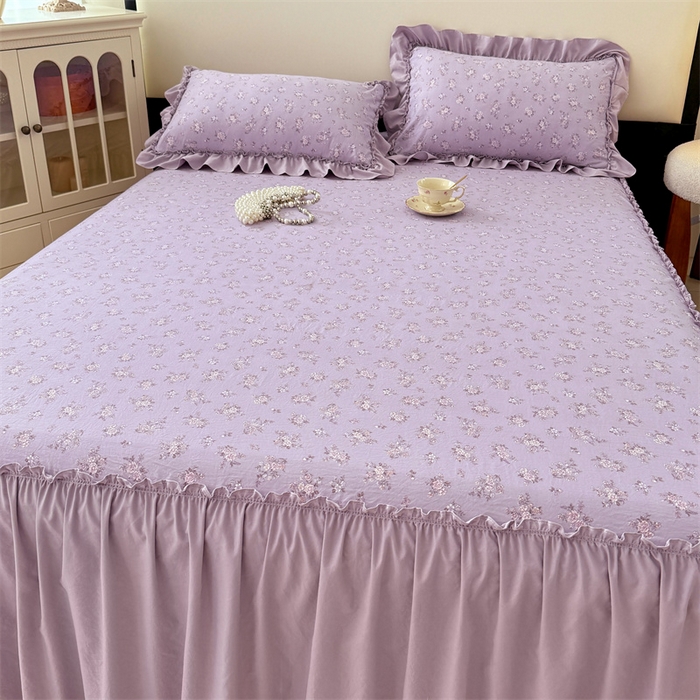 91家纺网 家纺一手货源 找家纺 梦舒羽 2025新款水洗珍珠棉单件床裙双层纱床垫保护罩三件套 紫倾心