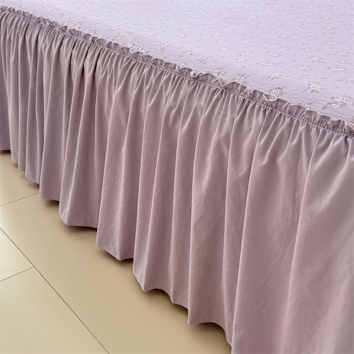 91家纺网 家纺一手货源 找家纺 梦舒羽 2025新款水洗珍珠棉单件床裙双层纱床垫保护罩三件套 紫倾心