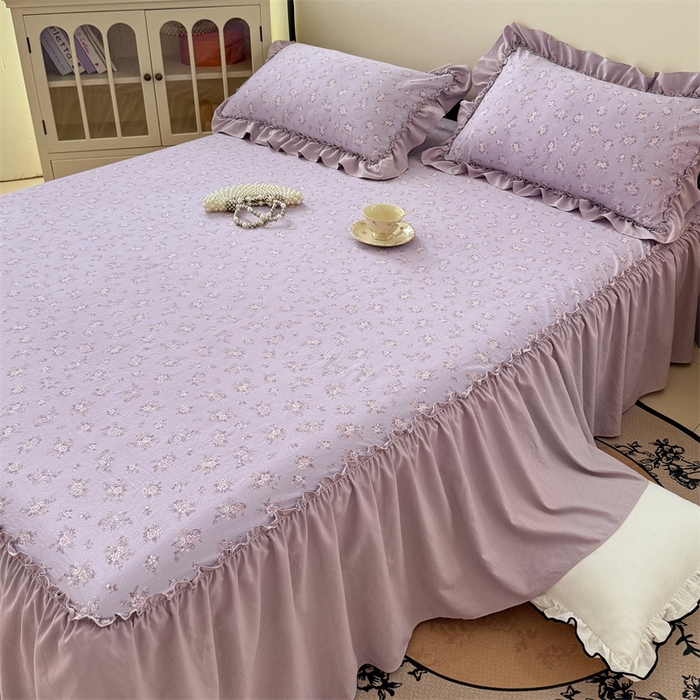 91家纺网 家纺一手货源 找家纺 梦舒羽 2025新款水洗珍珠棉单件床裙双层纱床垫保护罩三件套 紫倾心