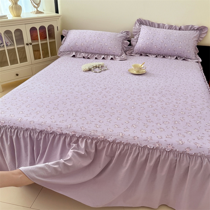 91家纺网 家纺一手货源 找家纺 梦舒羽 2025新款水洗珍珠棉单件床裙双层纱床垫保护罩三件套 紫倾心