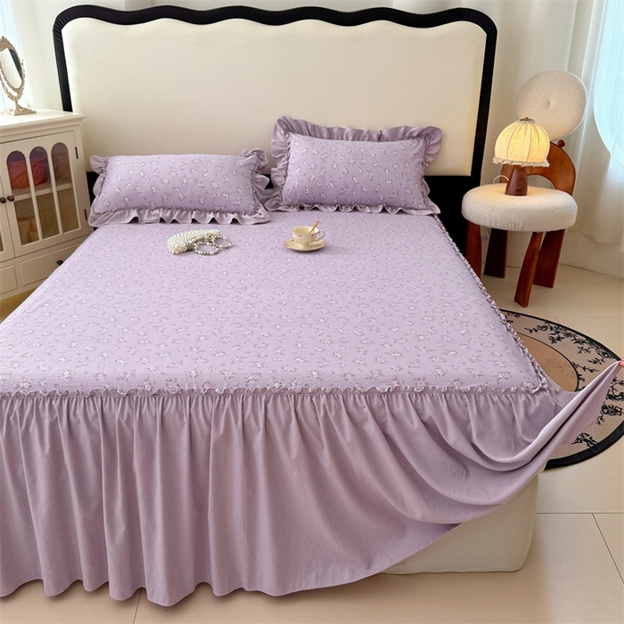 91家纺网 家纺一手货源 找家纺 梦舒羽 2025新款水洗珍珠棉单件床裙双层纱床垫保护罩三件套 紫倾心