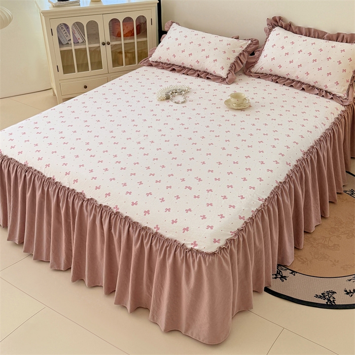 91家纺网 家纺一手货源 找家纺 （总）梦舒羽 2025新款水洗珍珠棉单件床裙双层纱床垫保护罩三件套