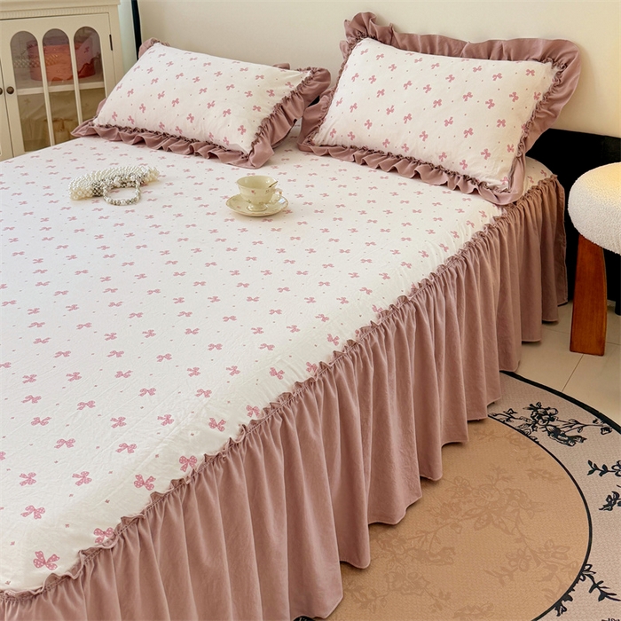 91家纺网 家纺一手货源 找家纺 （总）梦舒羽 2025新款水洗珍珠棉单件床裙双层纱床垫保护罩三件套