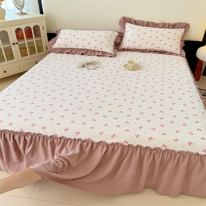 91家纺网 家纺一手货源 找家纺 （总）梦舒羽 2025新款水洗珍珠棉单件床裙双层纱床垫保护罩三件套