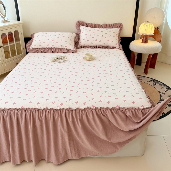 91家纺网 家纺一手货源 找家纺 （总）梦舒羽 2025新款水洗珍珠棉单件床裙双层纱床垫保护罩三件套