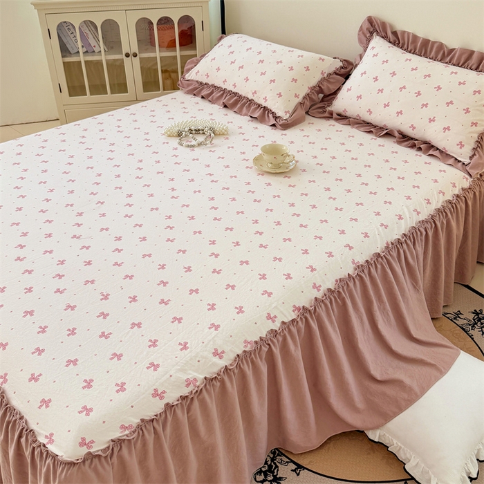 91家纺网 家纺一手货源 找家纺 （总）梦舒羽 2025新款水洗珍珠棉单件床裙双层纱床垫保护罩三件套