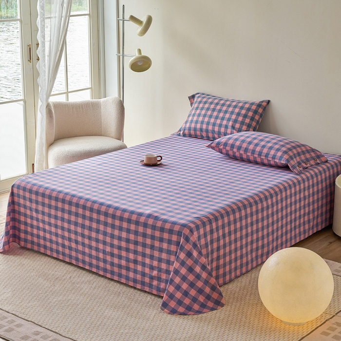 91家纺网 家纺一手货源 找家纺 贝尔 PELLHOME 全棉色织水洗棉格子单床单（可抖音代发） 梦幻-粉