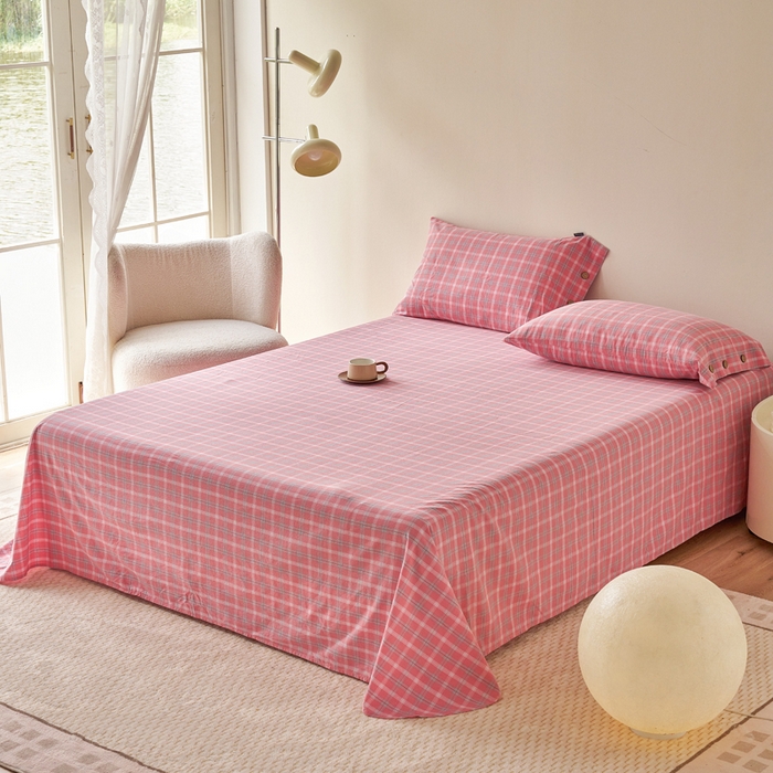 91家纺网 家纺一手货源 找家纺 贝尔 PELLHOME 全棉色织水洗棉格子单床单（可抖音代发） 梦田-粉