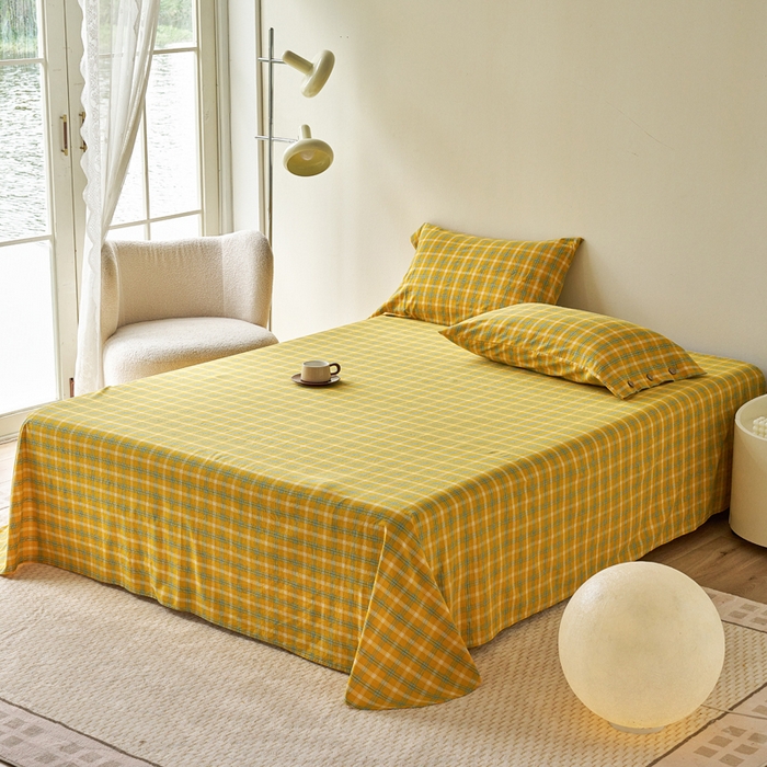 91家纺网 家纺一手货源 找家纺 贝尔 PELLHOME 全棉色织水洗棉格子单床单（可抖音代发） 梦田-黄