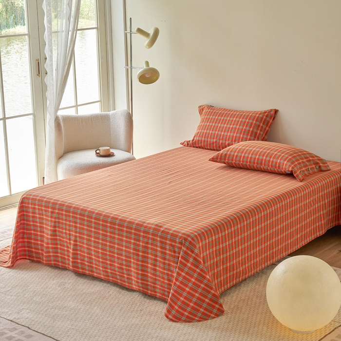 91家纺网 家纺一手货源 找家纺 贝尔 PELLHOME 全棉色织水洗棉格子单床单（可抖音代发） 梦田-桔