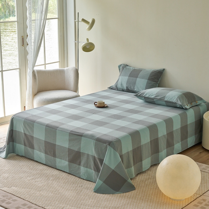 91家纺网 家纺一手货源 找家纺 贝尔 PELLHOME 全棉色织水洗棉格子单床单（可抖音代发） 灰绿大格