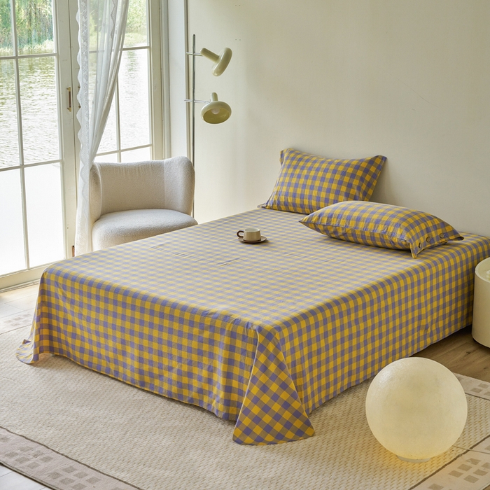 贝尔 PELLHOME 全棉色织水洗棉格子单床单（可抖音代发） 梦幻-黄