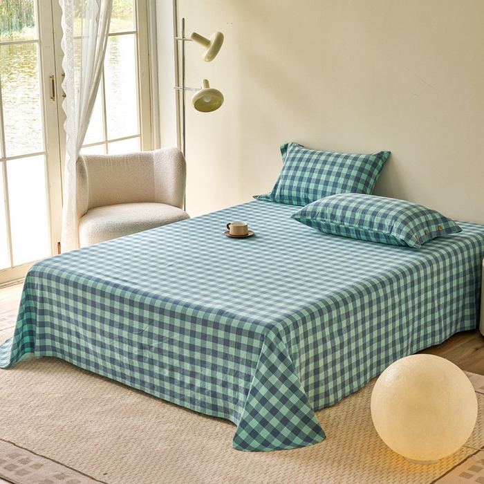 贝尔 PELLHOME 全棉色织水洗棉格子单床单（可抖音代发） 梦幻-绿