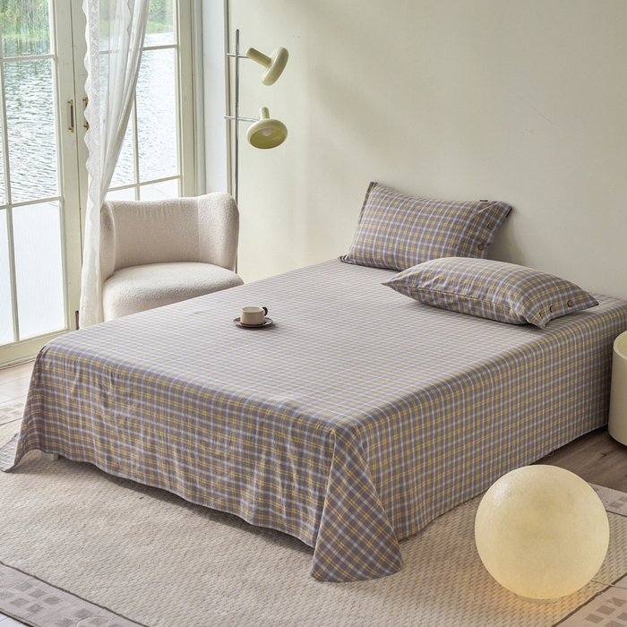 贝尔 PELLHOME 全棉色织水洗棉格子单床单（可抖音代发） 梦田-灰