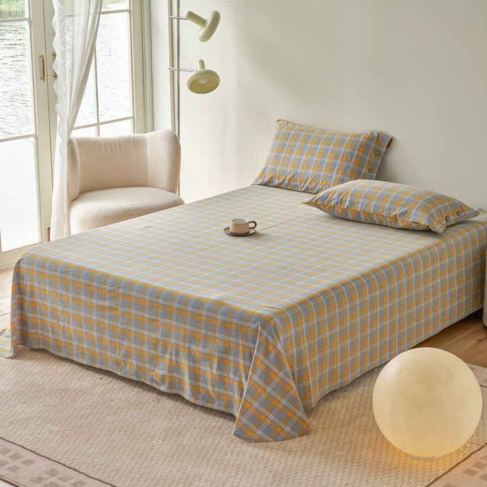 贝尔 PELLHOME 全棉色织水洗棉格子单床单（可抖音代发） 泊雅-黄