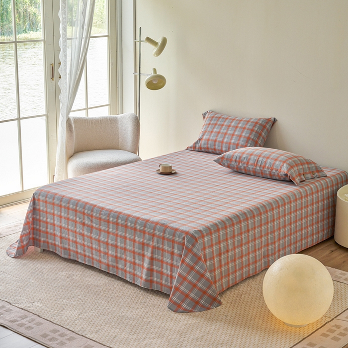 贝尔 PELLHOME 全棉色织水洗棉格子单床单（可抖音代发） 泊雅-桔