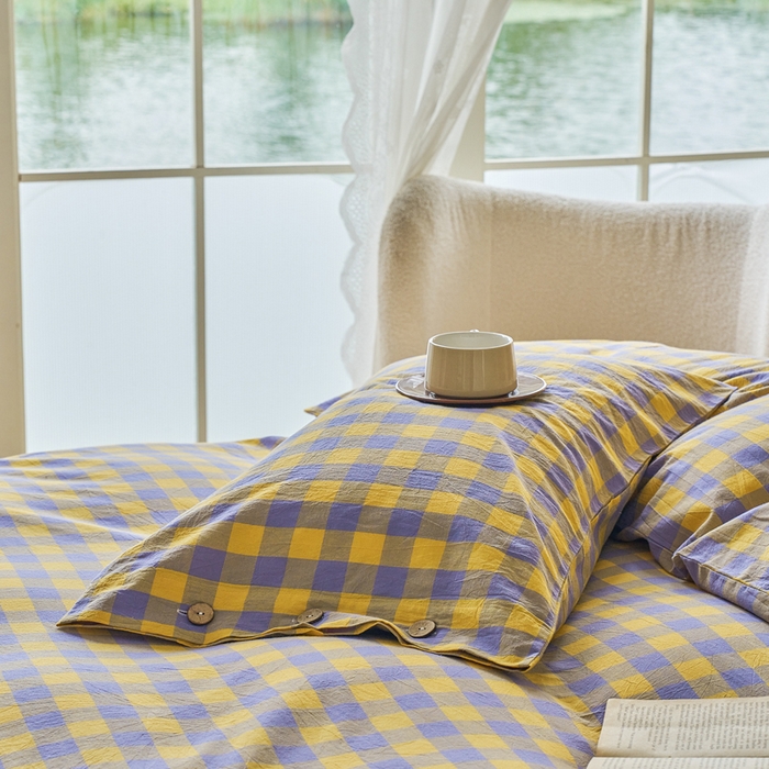 91家纺网 家纺一手货源 找家纺 贝尔 PELLHOME 全棉纽扣色织水洗棉格子四件套单品系列-单枕套（可抖音代发） 梦幻-黄