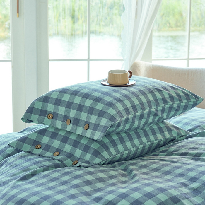 91家纺网 家纺一手货源 找家纺 贝尔 PELLHOME 全棉纽扣色织水洗棉格子四件套单品系列-单枕套（可抖音代发） 梦幻-绿