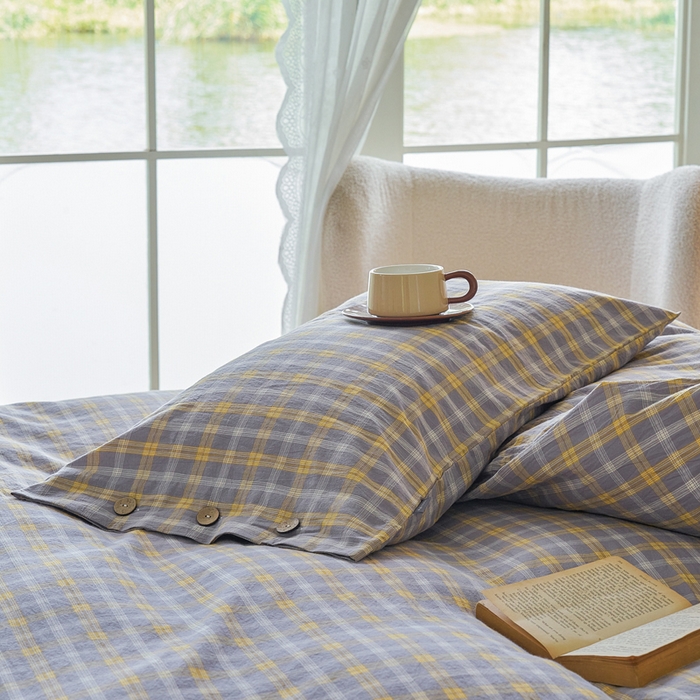 91家纺网 家纺一手货源 找家纺 贝尔 PELLHOME 全棉纽扣色织水洗棉格子四件套单品系列-单枕套（可抖音代发） 梦田-灰