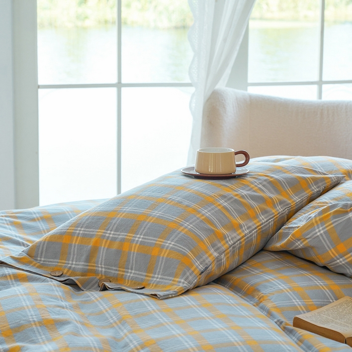 91家纺网 家纺一手货源 找家纺 贝尔 PELLHOME 全棉纽扣色织水洗棉格子四件套单品系列-单枕套（可抖音代发） 泊雅-黄