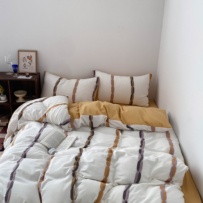 91家纺网 家纺一手货源 找家纺 贝尔 2025新款提花四件套三件套绞花系列-织梦 织梦-绞花系列（黄）