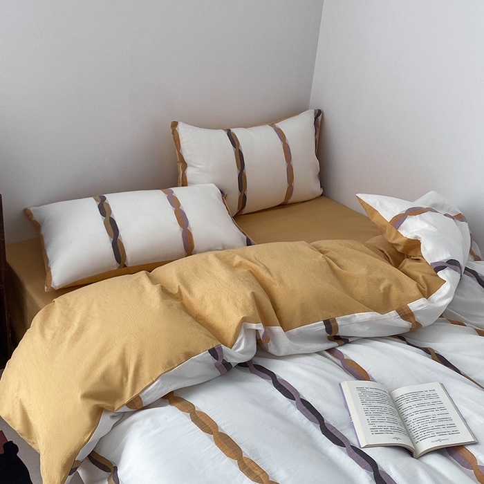 91家纺网 家纺一手货源 找家纺 贝尔 2025新款提花四件套三件套绞花系列-织梦 织梦-绞花系列（黄）