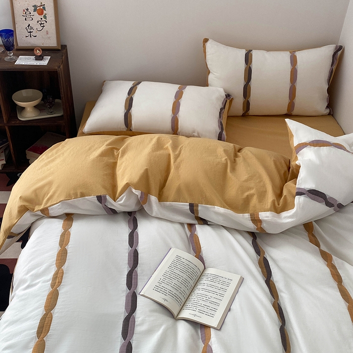 91家纺网 家纺一手货源 找家纺 贝尔 2025新款提花四件套三件套绞花系列-织梦 织梦-绞花系列（黄）