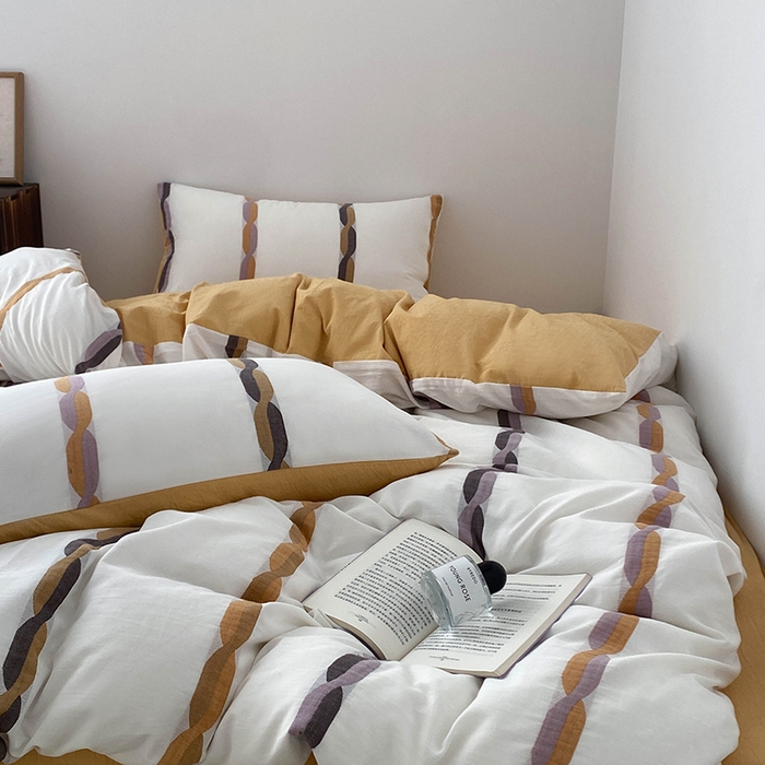 91家纺网 家纺一手货源 找家纺 贝尔 2025新款提花四件套三件套绞花系列-织梦 织梦-绞花系列（黄）