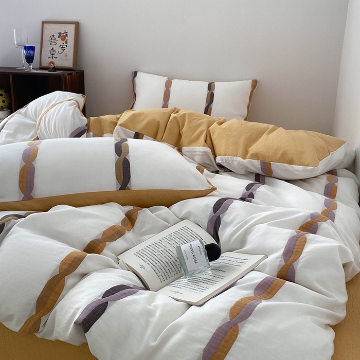 91家纺网 家纺一手货源 找家纺 贝尔 2025新款提花四件套三件套绞花系列-织梦 织梦-绞花系列（黄）