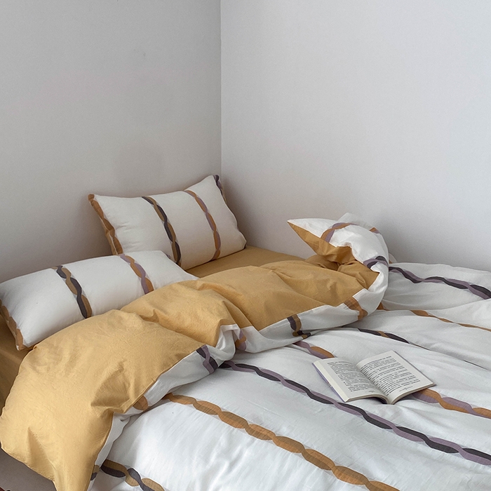 91家纺网 家纺一手货源 找家纺 贝尔 2025新款提花四件套三件套绞花系列-织梦 织梦-绞花系列（黄）