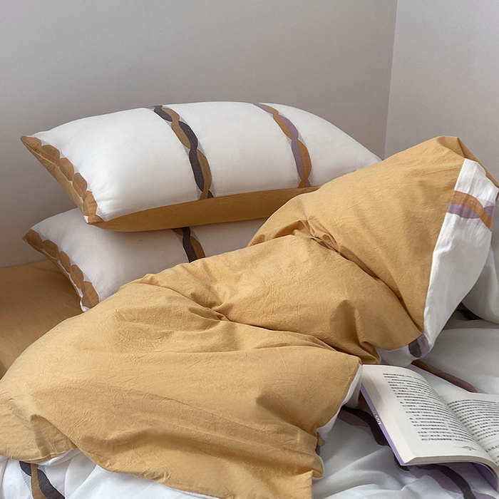 91家纺网 家纺一手货源 找家纺 贝尔 2025新款提花四件套三件套绞花系列-织梦 织梦-绞花系列（黄）