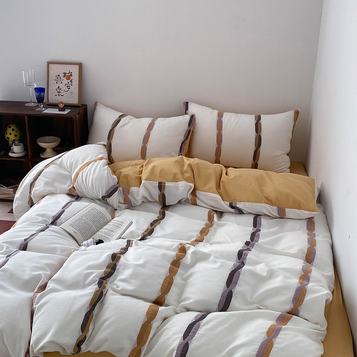 91家纺网 家纺一手货源 找家纺 贝尔 2025新款提花四件套三件套绞花系列-织梦 织梦-绞花系列（黄）