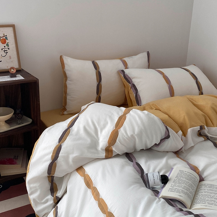 91家纺网 家纺一手货源 找家纺 贝尔 2025新款提花四件套三件套绞花系列-织梦 织梦-绞花系列（黄）