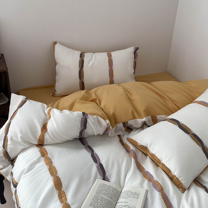 91家纺网 家纺一手货源 找家纺 贝尔 2025新款提花四件套三件套绞花系列-织梦 织梦-绞花系列（黄）