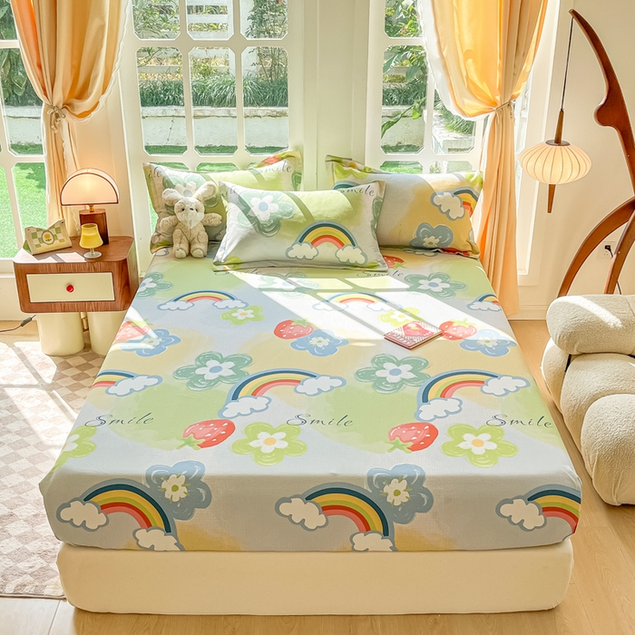 91家纺网 家纺一手货源 找家纺 眠博士 2025新款全棉混纺生态磨毛印花单床笠 磨毛床笠-彩虹草莓