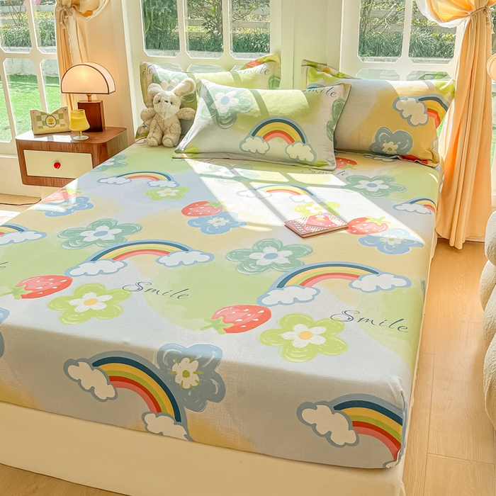 91家纺网 家纺一手货源 找家纺 眠博士 2025新款全棉混纺生态磨毛印花单床笠 磨毛床笠-彩虹草莓