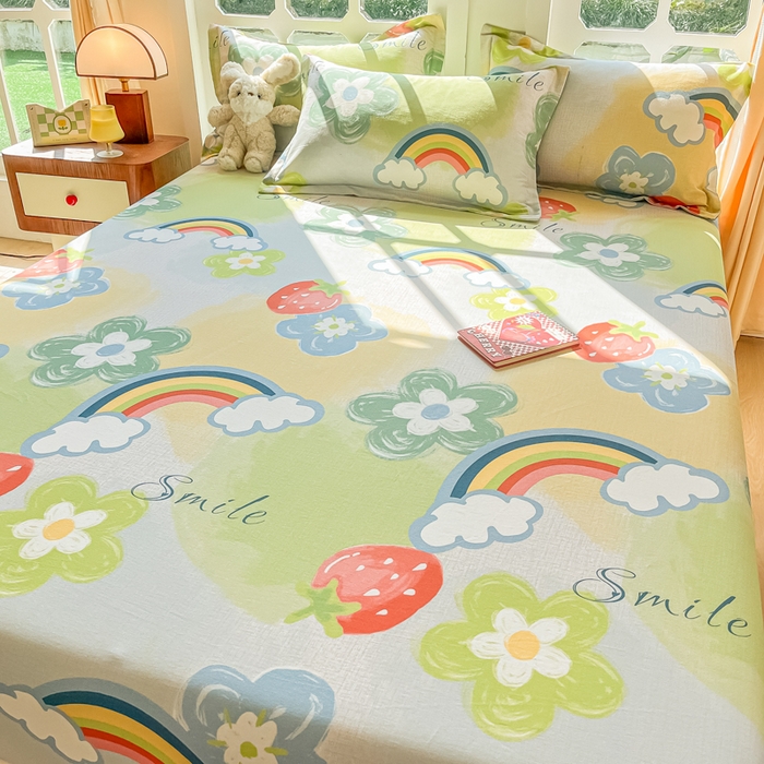 91家纺网 家纺一手货源 找家纺 眠博士 2025新款全棉混纺生态磨毛印花单床笠 磨毛床笠-彩虹草莓