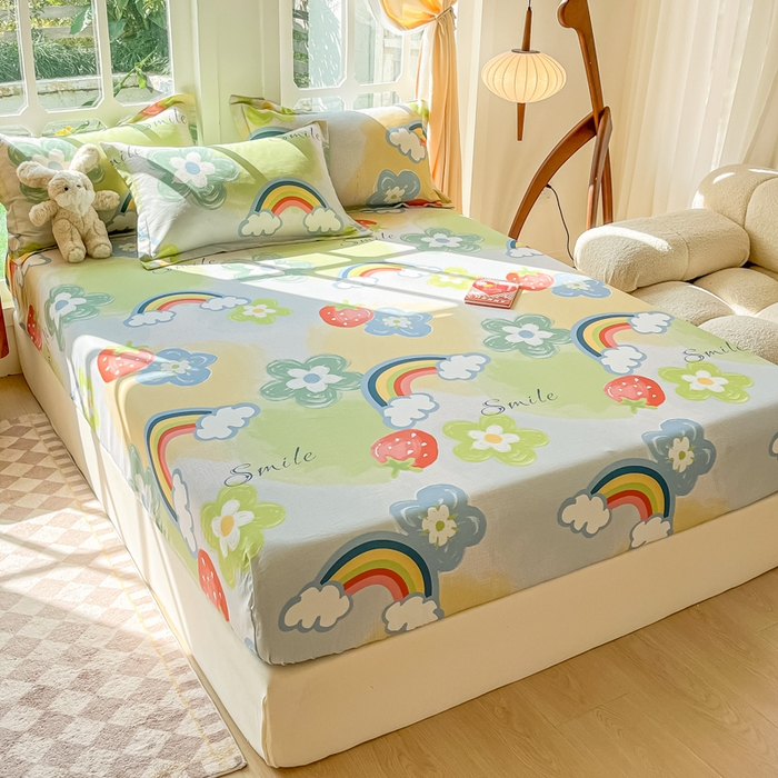 91家纺网 家纺一手货源 找家纺 眠博士 2025新款全棉混纺生态磨毛印花单床笠 磨毛床笠-彩虹草莓