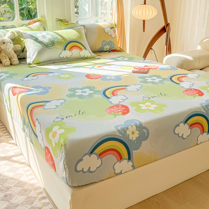 91家纺网 家纺一手货源 找家纺 眠博士 2025新款全棉混纺生态磨毛印花单床笠 磨毛床笠-彩虹草莓