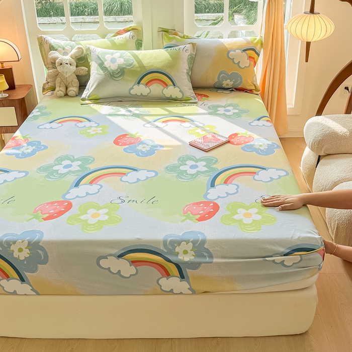 91家纺网 家纺一手货源 找家纺 眠博士 2025新款全棉混纺生态磨毛印花单床笠 磨毛床笠-彩虹草莓