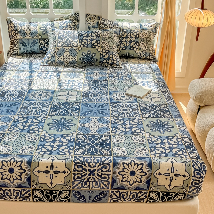 91家纺网 家纺一手货源 找家纺 眠博士 2025新款全棉混纺生态磨毛印花单床笠 磨毛床笠-浪漫蓝布